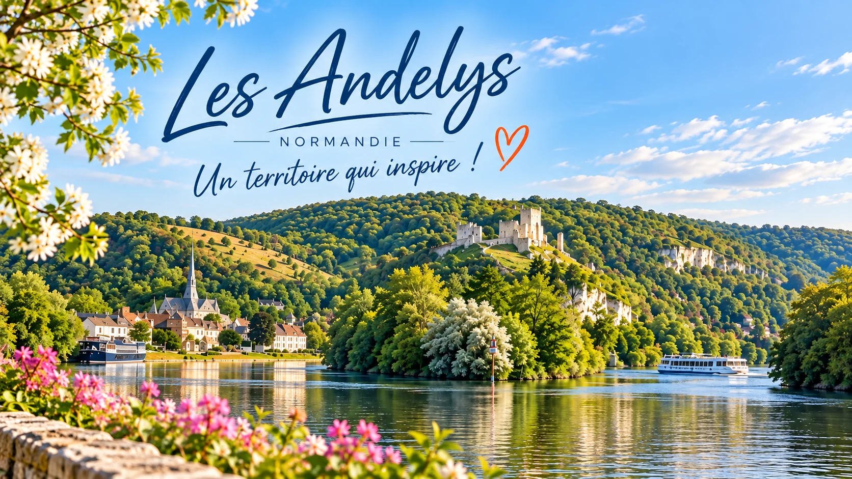 Vue des Andelys en Normandie avec la Seine et Château-Gaillard